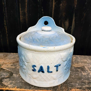 Antique Blue And White Hanging Salt Box Salt Glaze Stoneware Crock With Lid