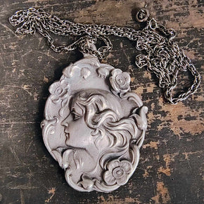 Vintage Pewter Cameo Pendant On Chain