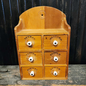 Vintage Wood Wooden 6 Drawer Spice Box With White Knobs