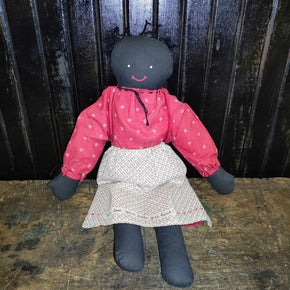 Vintage 17" Black Folk Art Stuffed Doll with Painted Face and Removable Apron