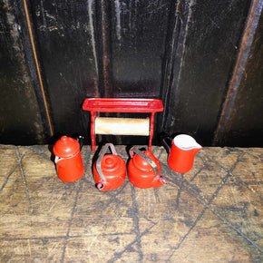 Red Enamelware Miniature Dollhouse Set Of 8