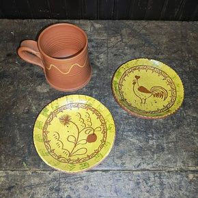 Pair Redware Pennsylvania Decorated Plates ,With Slip Decorated Redware Mug