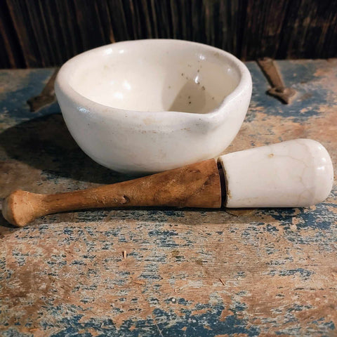 Vintage Mortar & Pestle Ceramic & Wood Pharmacy Apothecary