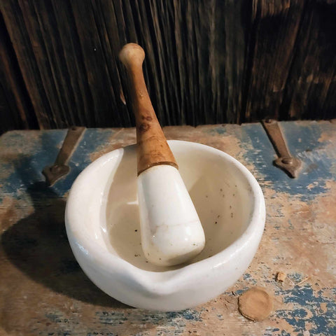 Vintage Mortar & Pestle Ceramic & Wood Pharmacy Apothecary