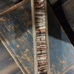 Old Wood Narrow Box With Antique Quilt Pieces