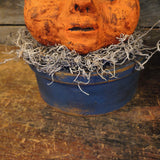 Primitive Paper Mache Pumpkin on a Wooden Measuring Grain Box 7"