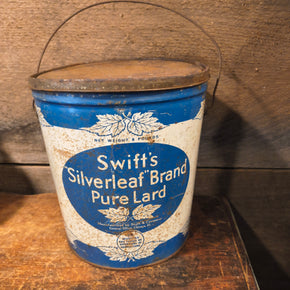 Vintage blue and white Swift's Silverleaf Brand Pure Lard 8-pound metal tin bucket.