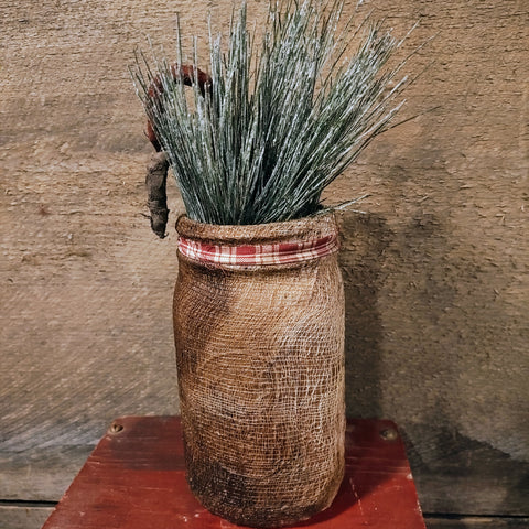 Primitive Jar With fabrics Candy Canes And Greenery