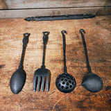 Vtg 5 Pc Set CAST IRON KITCHEN UTENSIL Spoon Ladle Rack TAIWAN Primitive Decor