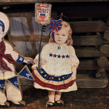 Vintage Wooden GIRL w AMERICAN FLAG BUNTING,Boy Holding USA Bunting