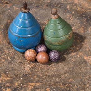 Antique Primitive Wooden Clay Marvels and 2 Spinning Toppers