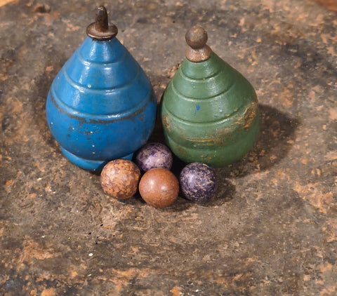 Antique Primitive Wooden Clay Marvels and 2 Spinning Toppers