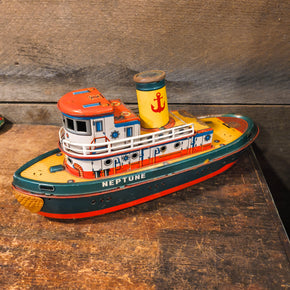 VTG Tug Boat Neptune Tin Litho Modern Toys Japan Tugboat