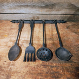 Vtg 5 Pc Set CAST IRON KITCHEN UTENSIL Spoon Ladle Rack TAIWAN Primitive Decor
