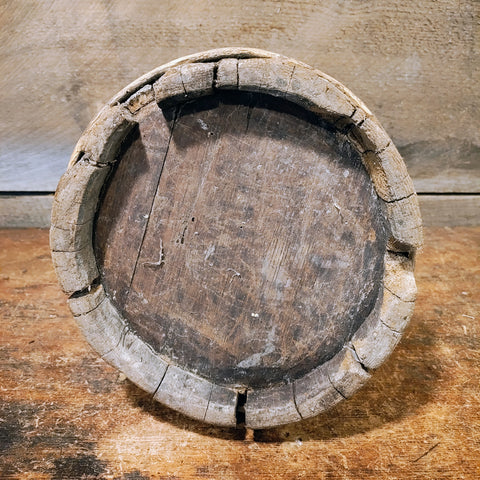 Antique Early Wooden Bucket With a Wood Band and Two Metal Bands