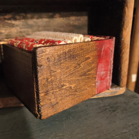 Red Apothecary Drawer W/ Early Calico & Wool Textiles From Old Quilts
