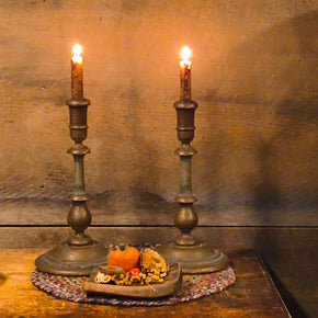 Antique Primitive Turned Wooden Candle Holders w/ Candles 
Base 6.5" x 12 5"