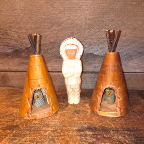 Vintage Mid Century Canadiana Roadside Souvenir, Set 2 Birch Tipis & Pappoose Chief.