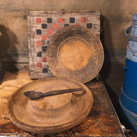 Antique Primitive Wooden Bowl with Wooden Spoon