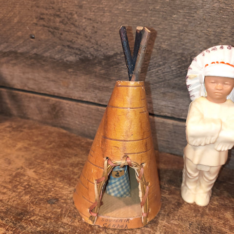 Vintage Mid Century Canadiana Roadside Souvenir, Set 2 Birch Tipis & Pappoose Chief.