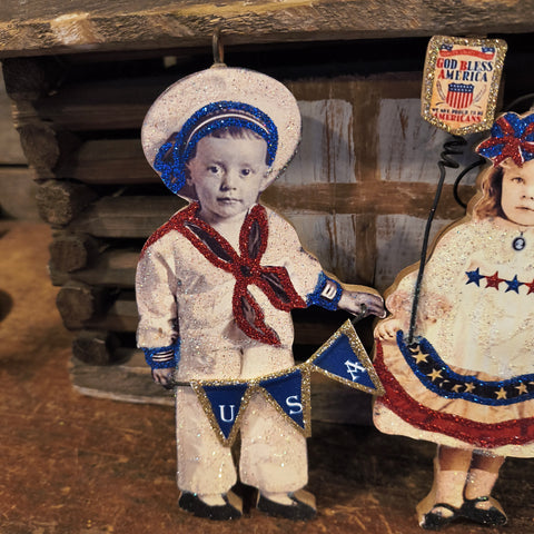 Vintage Wooden GIRL w AMERICAN FLAG BUNTING,Boy Holding USA Bunting