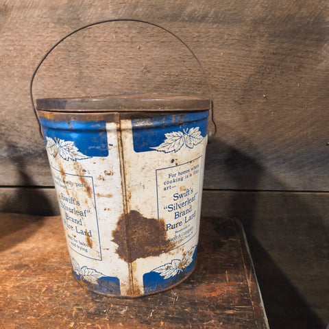 Vintage blue and white Swift's Silverleaf Brand Pure Lard 8-pound metal tin bucket.