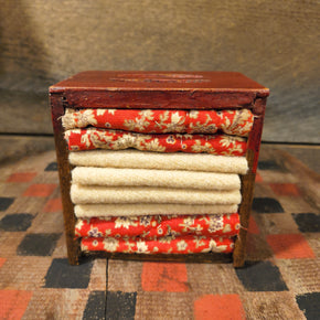 Red Apothecary Drawer W/ Early Calico & Wool Textiles From Old Quilts