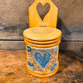 ANTIQUE PRIMITIVE WOODEN SALT BOX with Punch Needle Art