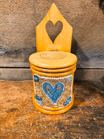 ANTIQUE PRIMITIVE WOODEN SALT BOX with Punch Needle Art
