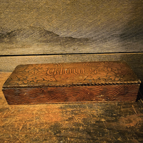 Antique Victorian-Era Box With A Pair Of Antique Childrens Leather Gloves.