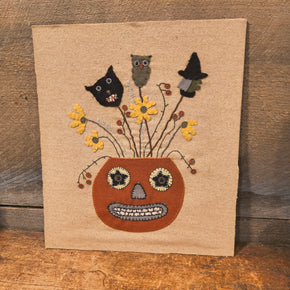 Primitive Halloween Folk Art Wall Decor - Hand Stitched Wool Felt Applique Pumpkin Witch Black Cat On Wood Panel - 12.5" x 14.5"
