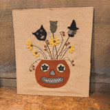 Primitive Halloween Folk Art Wall Decor - Hand Stitched Wool Felt Applique Pumpkin Witch Black Cat On Wood Panel - 12.5" x 14.5"