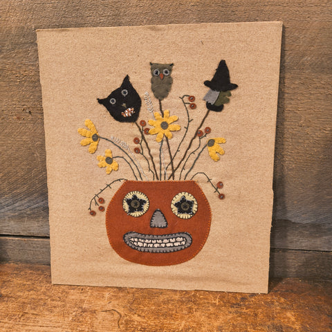 Primitive Halloween Folk Art Wall Decor - Hand Stitched Wool Felt Applique Pumpkin Witch Black Cat On Wood Panel - 12.5" x 14.5"