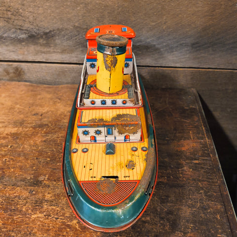 VTG Tug Boat Neptune Tin Litho Modern Toys Japan Tugboat