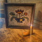 Antique Hooked Matt Inserted into a Red Painter Sorting Tray with Shoe Mold Candle Holder