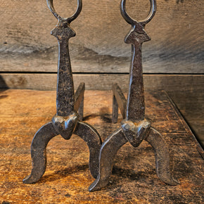 ANTIQUE PAIR OF HEART MOTIF MINIATURE ANDIRONS W/ LOOP FINIALS