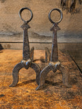 ANTIQUE PAIR OF HEART MOTIF MINIATURE ANDIRONS W/ LOOP FINIALS