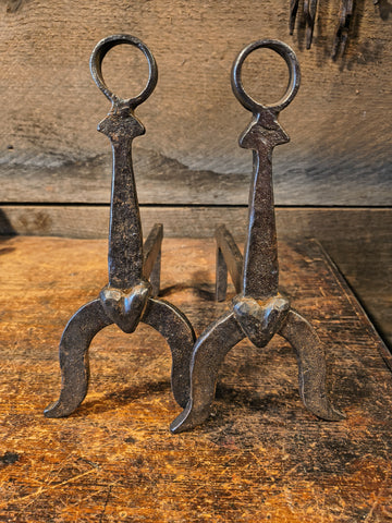 ANTIQUE PAIR OF HEART MOTIF MINIATURE ANDIRONS W/ LOOP FINIALS