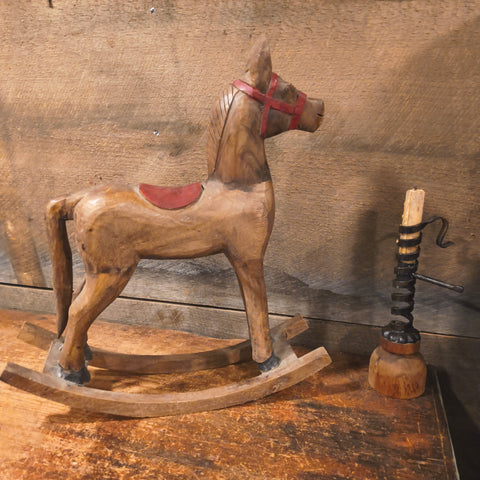 Primitive Hand Carved Wooden Rocking Horse Figural Folk Art Primitive Decor 14"x17"