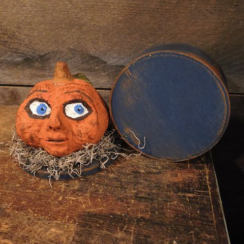 Primitive Paper Mache Pumpkin on a Wooden Measuring Grain Box 7"