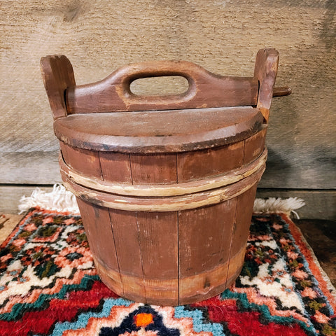 Antique Primitive Piggin Firkin Sugar Bucket Old Red Paint Bentwood Staved