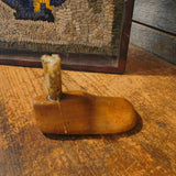 Antique Hooked Matt Inserted into a Red Painter Sorting Tray with Shoe Mold Candle Holder