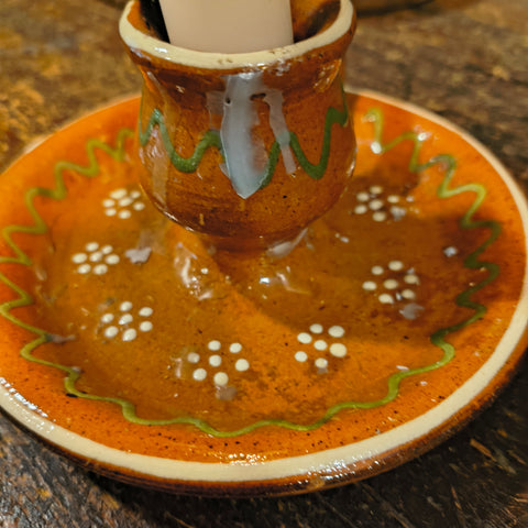 Vintage Folk Art Clay Chamberstick Candle Holder w/ Candle