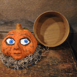 Primitive Paper Mache Pumpkin on a Wooden Measuring Grain Box 7"