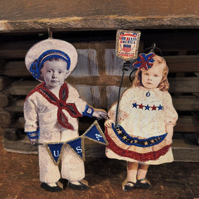 Vintage Wooden GIRL w AMERICAN FLAG BUNTING,Boy Holding USA Bunting