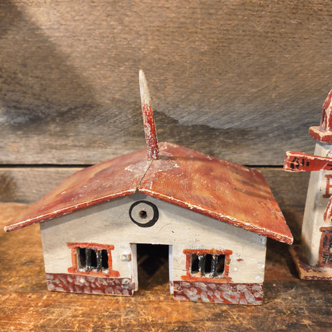 Primitive Vintage Folk Art House And Windmill