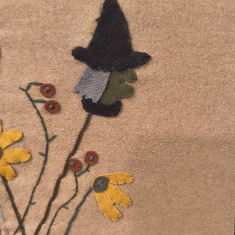 Primitive Halloween Folk Art Wall Decor - Hand Stitched Wool Felt Applique Pumpkin Witch Black Cat On Wood Panel - 12.5" x 14.5"