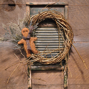 Primitive Wooden Washboard w/ Grapevine Wreath and a Gingerbread Man