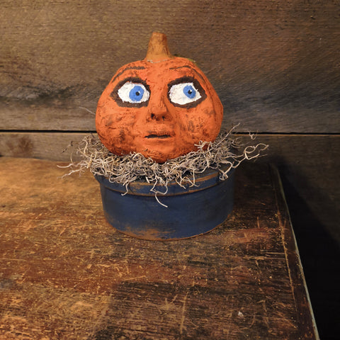 Primitive Paper Mache Pumpkin on a Wooden Measuring Grain Box 7"