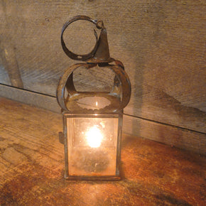 Antique 18th/Early 19thC Primitive Tin Glass Candle Lantern 4"x11", As Found Patina